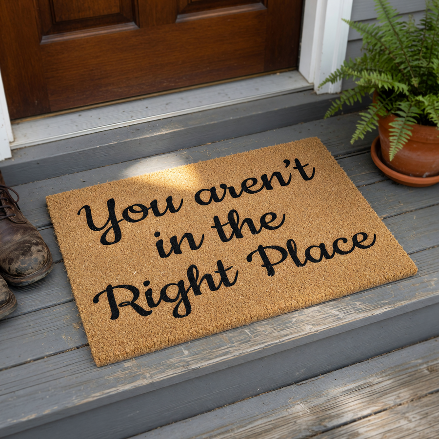 Funny You aren't in the Right Place coir doormat featuring bold black cursive lettering printed on a natural brown coconut fiber mat, providing a humorous and welcoming touch to your front porch entryway decor.