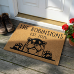 Personalized Otter Family Name Doormat featuring a cute illustrated otter peeking over the edge with its paws, customized with a family name and established year on a natural coir fiber background for a charming front porch