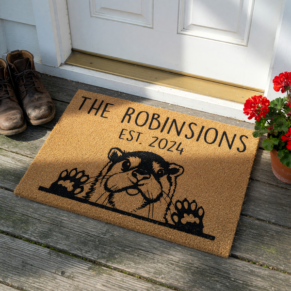 Personalized Otter Family Name Doormat featuring a cute illustrated otter peeking over the edge with its paws, customized with a family name and established year on a natural coir fiber background for a charming front porch