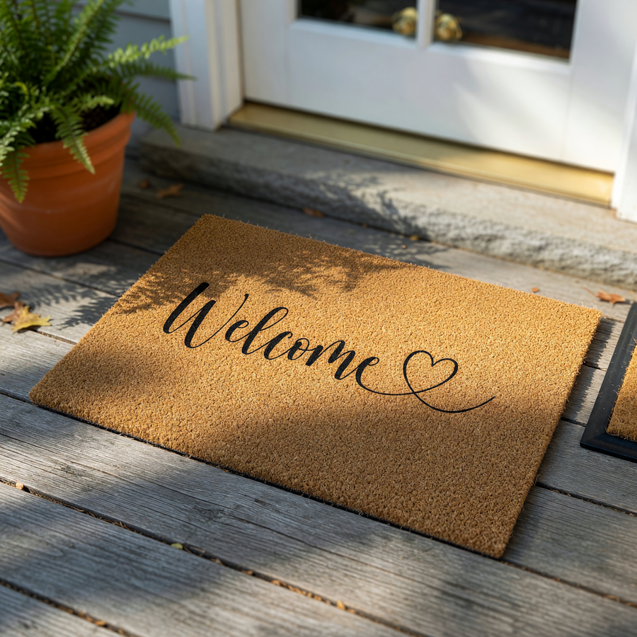 Welcome coir doormat featuring a natural tan fiber texture and elegant black script lettering that reads Welcome with a small heart icon, providing a warm and inviting front porch decor accent for any home entrance or entryway.