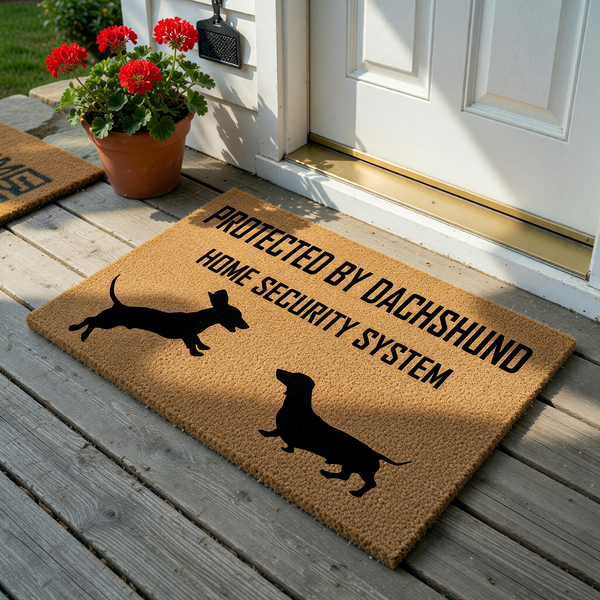 Dachshund Home Security System doormat featuring a natural coir texture with black text and two playful dog silhouettes, making a fun and functional entryway rug for any dog lover who owns this specific breed of small, energetic