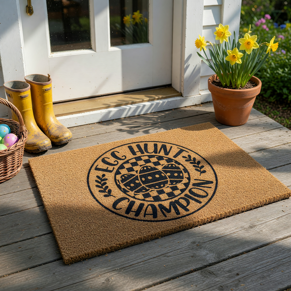 Egg Hunt Champion coir doormat featuring a circular black design with a checkered pattern, three decorated Easter eggs, and leafy accents on a natural brown fiber background, perfect for a festive spring entryway or porch decor.