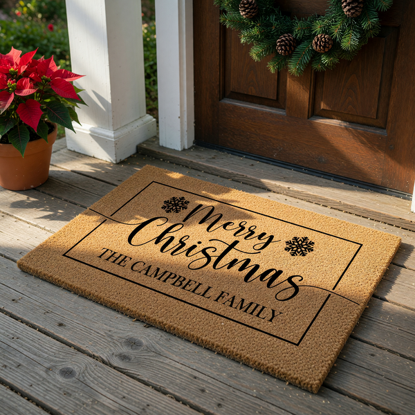 Personalized Merry Christmas coir doormat featuring a black rectangular border, elegant script lettering, and snowflake accents, designed as a festive holiday welcome mat for a family home on a plain white background.