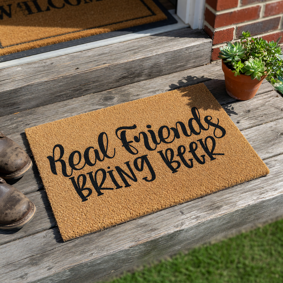 Real Friends Bring Beer funny coir doormat featuring bold black typography on a natural tan fiber background, designed to add a humorous and welcoming touch to any front porch or entryway for guests and visitors to enjoy.
