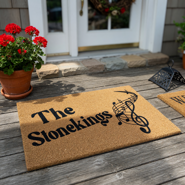 Personalized music themed coir doormat featuring a black printed family name and a decorative musical staff with notes and a treble clef, set against a natural tan textured fiber background for a welcoming front porch entrance.