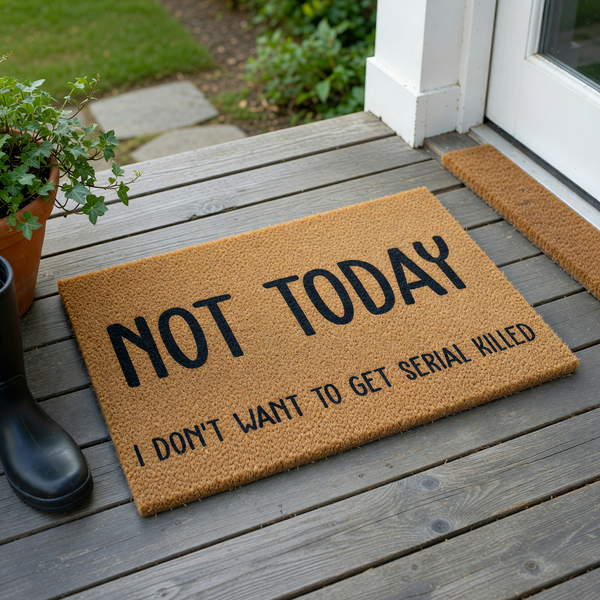 Funny Not Today I Don't Want To Get Serial Killed coir doormat featuring bold black text printed on a natural brown coconut fiber mat, providing a humorous and welcoming touch to your front porch entryway decor on a plain white