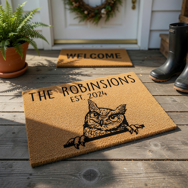 Personalized Owl Welcome Doormat featuring a cute illustrated owl peeking over a line, with custom family name text and established year printed in black on a natural tan coir fiber background for a charming entryway decor accent.