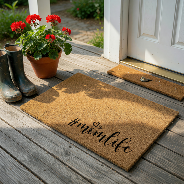 Momlife coir doormat featuring a natural brown fiber texture and black script text that reads #momlife with two small heart icons above it, displayed against a clean white background for a simple and modern entryway decor
