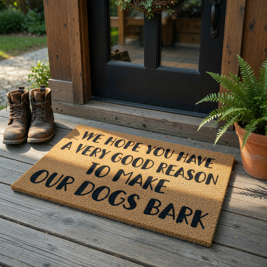 Funny Dog Lover Doormat featuring a natural coir texture with bold black text that reads We Hope You Have A Very Good Reason To Make Our Dogs Bark, making it a humorous front porch welcome mat for any pet owner's home entrance.