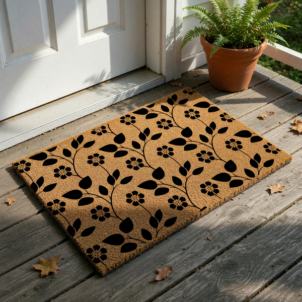 Floral Pattern Coir Doormat featuring a natural brown coconut fiber texture with a repeating black silhouette design of delicate flowers and leafy vines, creating a charming and durable entryway accent for your home front porch