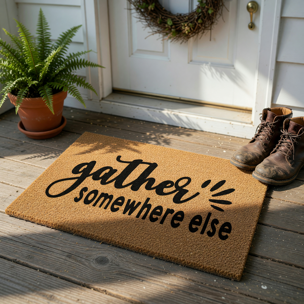 Gather Somewhere Else funny doormat featuring a natural coir texture and bold black typography, providing a humorous and welcoming touch to your front porch decor while keeping your entryway clean and stylish for all your house