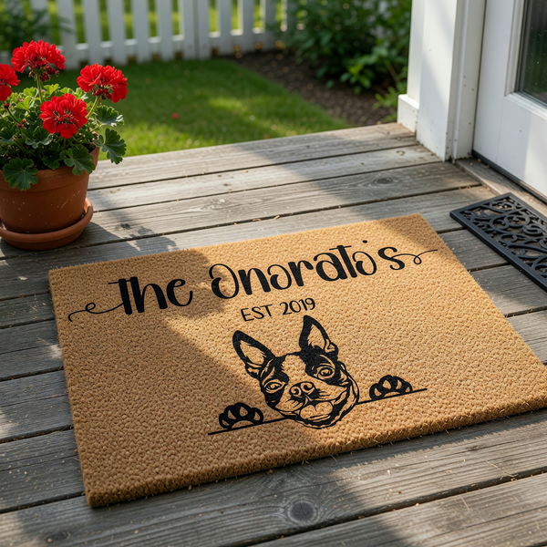 Personalized French Bulldog doormat featuring a cute dog illustration peeking over the bottom edge, printed on a natural coir fiber mat with custom family name text and an established year date for a welcoming front porch