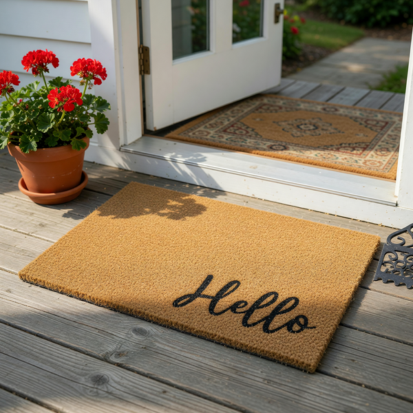 Hello coir doormat featuring a natural tan fiber texture and elegant black script lettering in the bottom right corner, providing a welcoming and functional entrance decor piece for your front porch or home entryway floor.