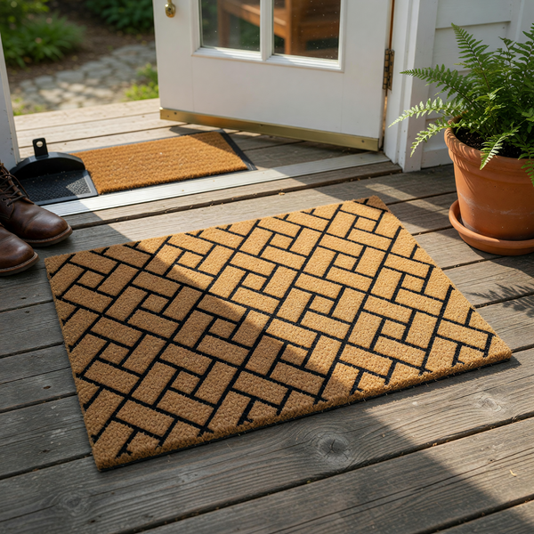 Geometric Pattern Coir Doormat featuring a classic basketweave design in natural tan fibers with bold black lines, providing a durable and stylish entryway floor covering for your home porch or front door area on a plain white