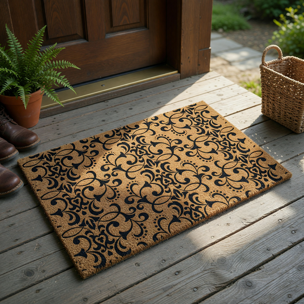 Damask Pattern Coir Doormat featuring a natural tan fiber background with a bold, black intricate scrollwork design that adds a sophisticated and elegant touch to any front porch entryway or home decor style.