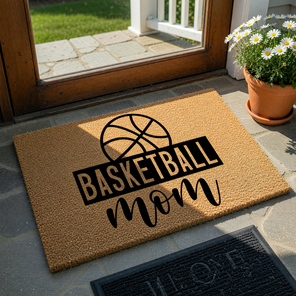 Basketball Mom coir doormat featuring a bold black graphic of a basketball above the text Basketball Mom in a mix of block and script fonts, set against a natural tan textured fiber background for a sporty home entryway decor.