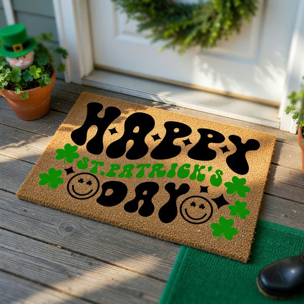 St. Patrick's Day doormat featuring a natural coir texture with bold, retro-style black lettering that reads Happy St. Patrick's Day, accented by bright green shamrocks and two cheerful smiley faces on a plain white studio
