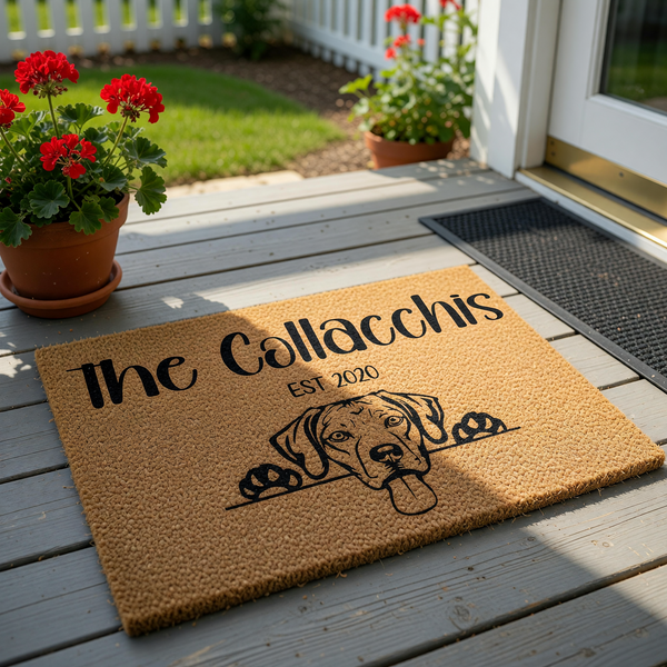 Personalized Dog Breed Doormat featuring a cute Labrador Retriever peeking over a line with custom family name text and established year, printed in black ink on a natural tan coir fiber mat against a clean white studio