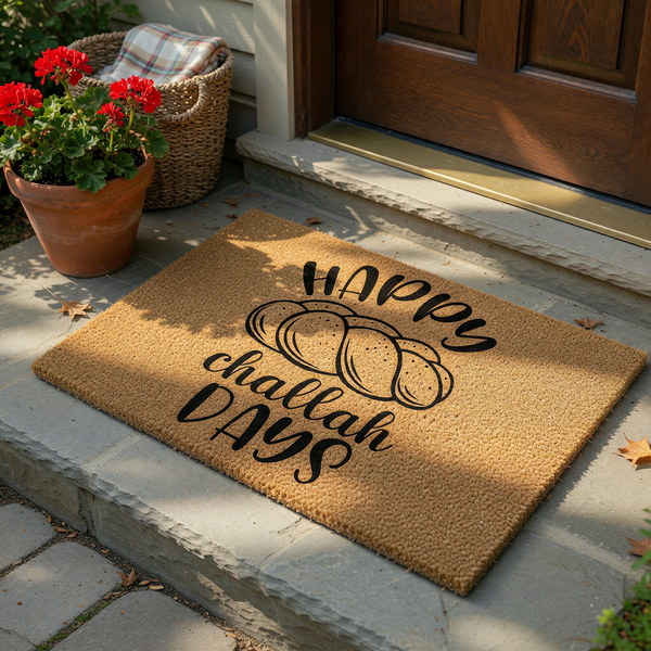 Happy Challah Days coir doormat featuring a black graphic of a braided loaf of bread centered on a natural tan fiber background, creating a festive and welcoming entryway decor piece for the Jewish holiday season and Shabbat