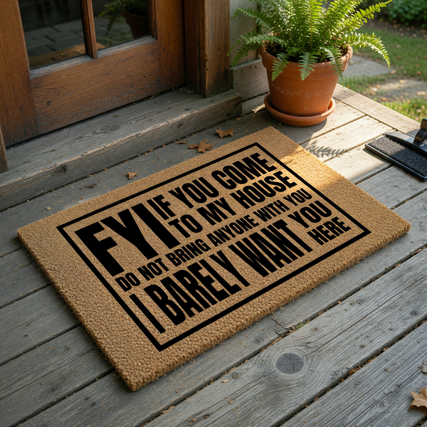 Funny doormat with a natural coir texture featuring bold black text that reads FYI if you come to my house do not bring anyone with you I barely want you here, making it a humorous and sarcastic welcome mat for any front porch