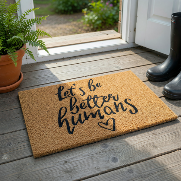 Let's Be Better Humans coir doormat featuring a natural tan fiber texture and bold black script lettering, centered with a small hand-drawn heart icon to create a welcoming and positive entryway decor piece for your front porch.