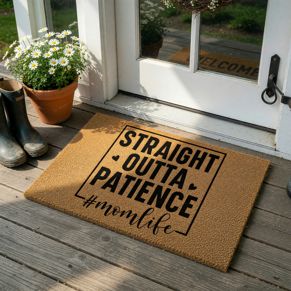 Straight Outta Patience Momlife Doormat made of natural coir fiber, featuring bold black text inside a square border with small heart accents, perfect for a humorous front porch welcome mat for any busy mom living her best life.