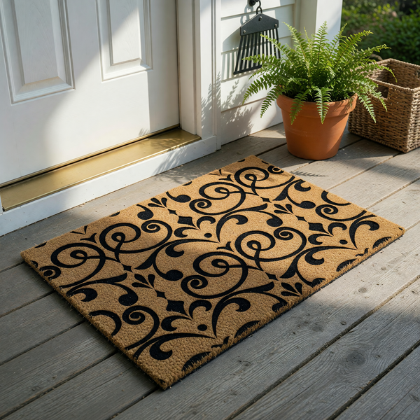 Damask Pattern Coir Doormat featuring a classic black scrollwork design printed on a natural tan coconut fiber background, providing a sophisticated and durable entryway accent for your home porch or front door decor.