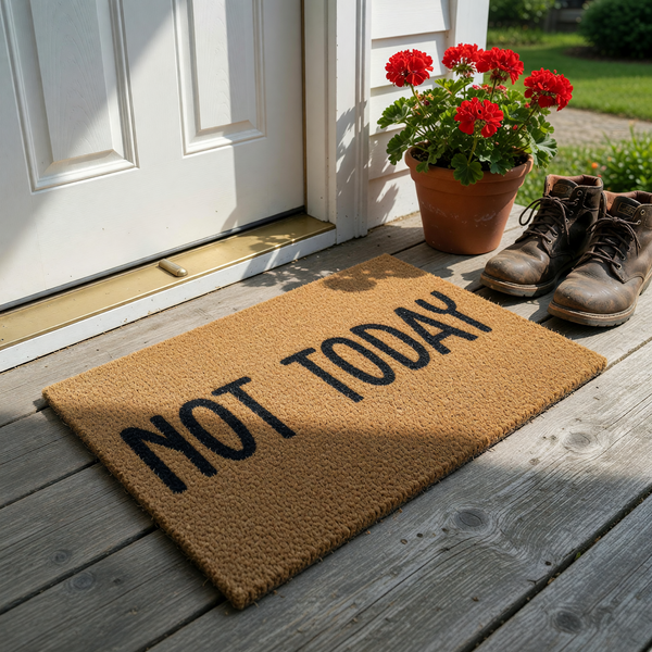 Not Today coir doormat featuring a natural brown fiber texture and bold black lettering, presented as a funny front porch welcome mat that adds a touch of personality to your home entryway decor against a clean white background.