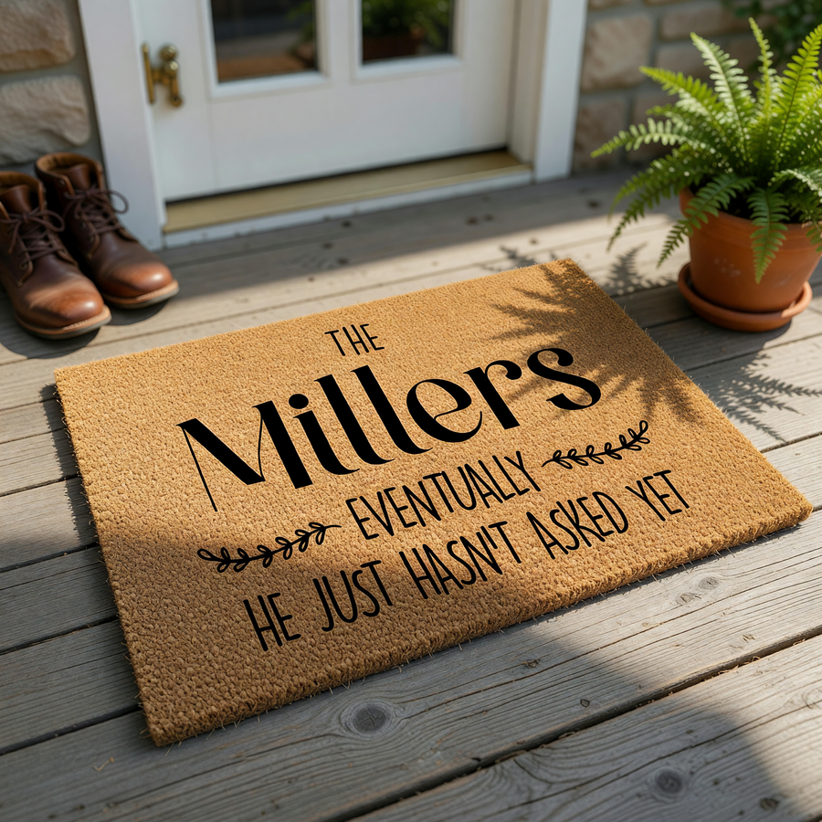 Personalized Family Name Coir Doormat featuring a humorous quote about marriage proposals, printed in bold black lettering on a natural tan textured fiber background, perfect for a front porch or entryway home decor.