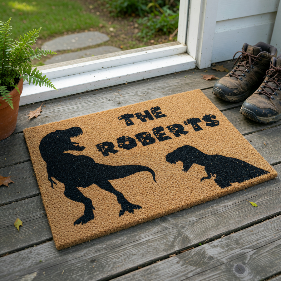 Personalized Dinosaur Family Doormat featuring a large and small T-Rex silhouette printed in black on a natural coir fiber mat, with custom family name text displayed in a playful, textured font against a plain white background.