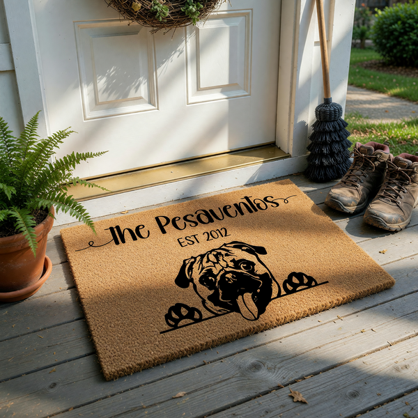 Personalized Pug dog coir doormat featuring a cute illustration of a Pug peeking over a line with custom family name text and established year printed in black ink on a natural brown textured fiber background for a home entryway.