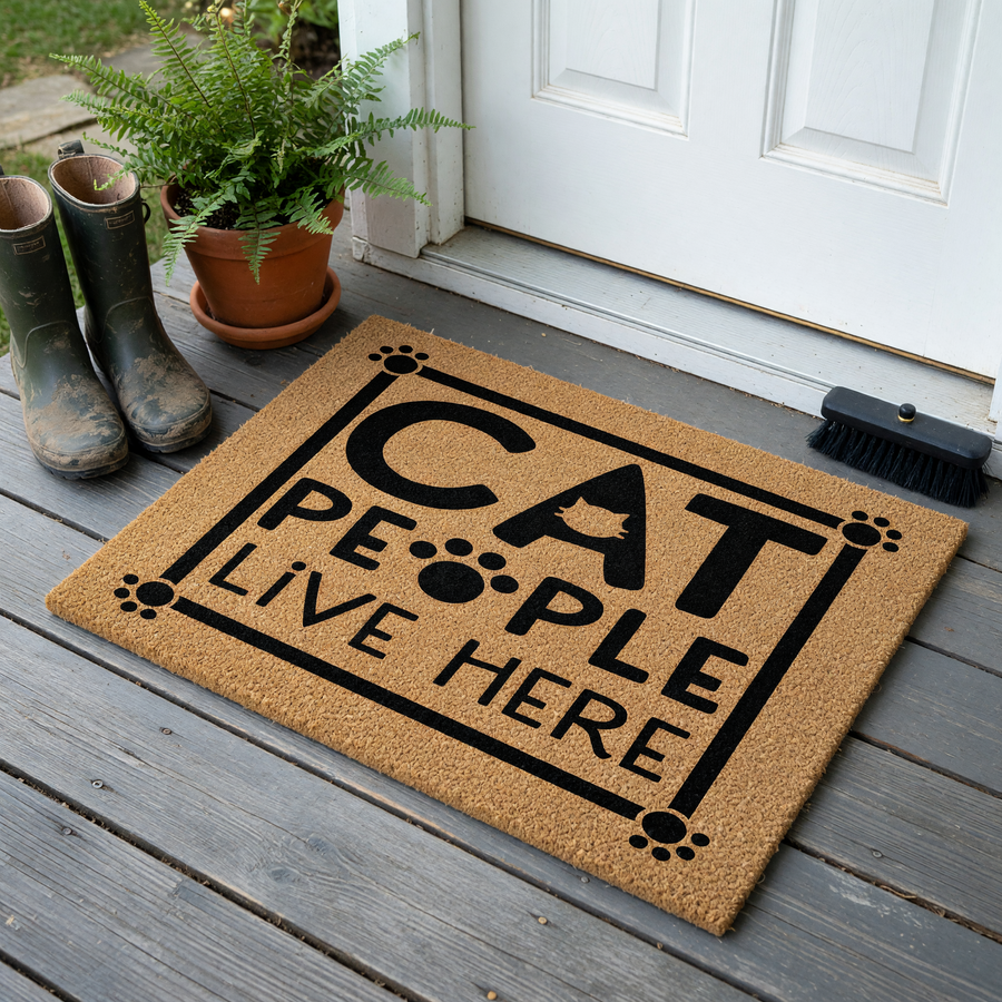 Cat People Live Here coir doormat featuring a playful black text design with paw print accents and a cat silhouette, set against a natural brown fiber background to welcome guests to a home filled with feline love and personality.
