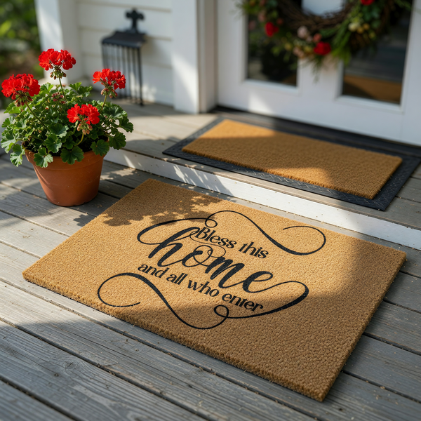 Bless This Home Coir Doormat featuring a natural tan fiber texture and elegant black script lettering that reads Bless this home and all who enter, providing a welcoming and rustic touch to any front porch or entryway decor.