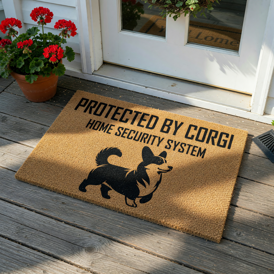 Protected by Corgi home security system doormat featuring a natural coir texture and a bold black graphic of a Corgi dog, making this a fun and functional welcome mat for any dog lover's front porch or entryway decor.