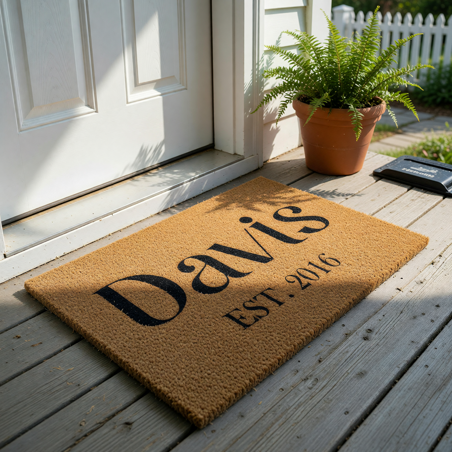 Personalized family name coir doormat featuring a natural tan fiber texture with bold black lettering that displays a custom last name and established year, creating a welcoming entrance for any home front porch or entryway decor.