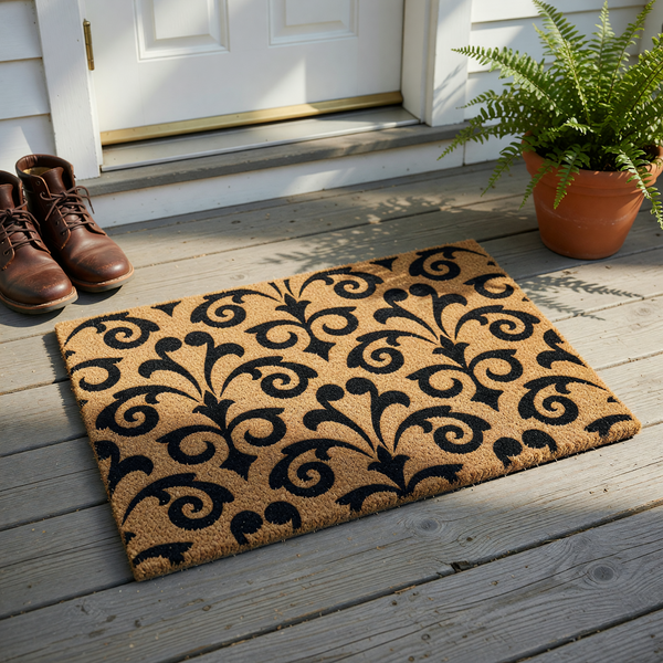 Damask Pattern Coir Doormat featuring a repeating black scrollwork design printed on a natural tan coconut fiber background, providing a stylish and durable entryway floor covering for your home porch or front door area.