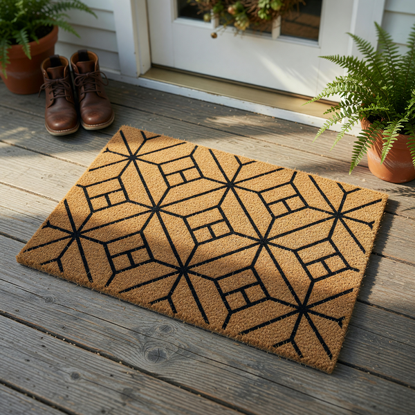 Geometric Pattern Coir Doormat featuring a modern black grid design printed on a natural brown coconut fiber surface, providing a stylish and durable entryway floor covering for your home porch or front door area.