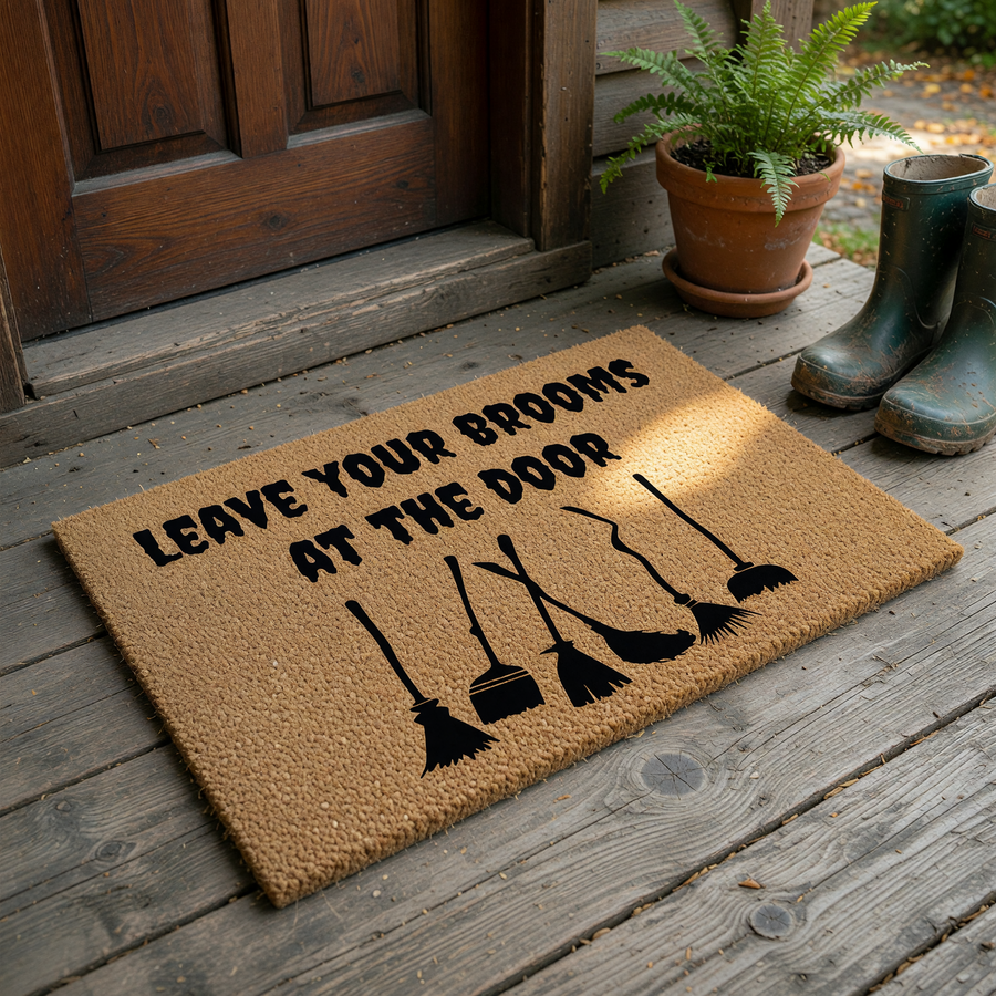 Funny Halloween doormat featuring the text Leave Your Brooms At The Door in bold black lettering above a row of five different witch broom silhouettes on a natural brown coir fiber background for a festive seasonal entryway decor.