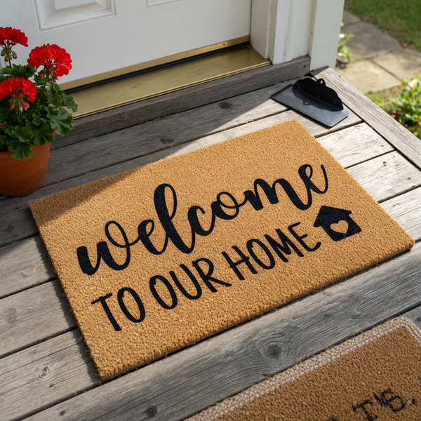 Welcome To Our Home Coir Doormat featuring a natural tan fiber texture with bold black lettering and a small house icon, providing a warm and inviting entrance for any front porch or entryway decor in a clean studio setting.
