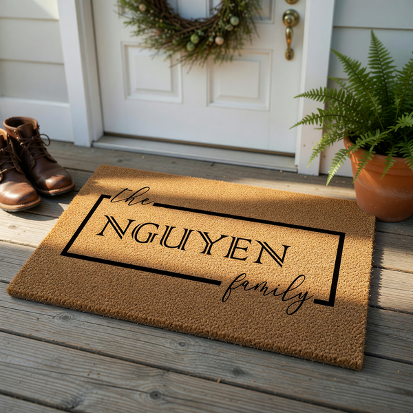 Personalized coir doormat featuring a custom family name inside a clean black rectangular frame, designed with elegant script and modern serif typography to create a welcoming entrance for any home or housewarming celebration.