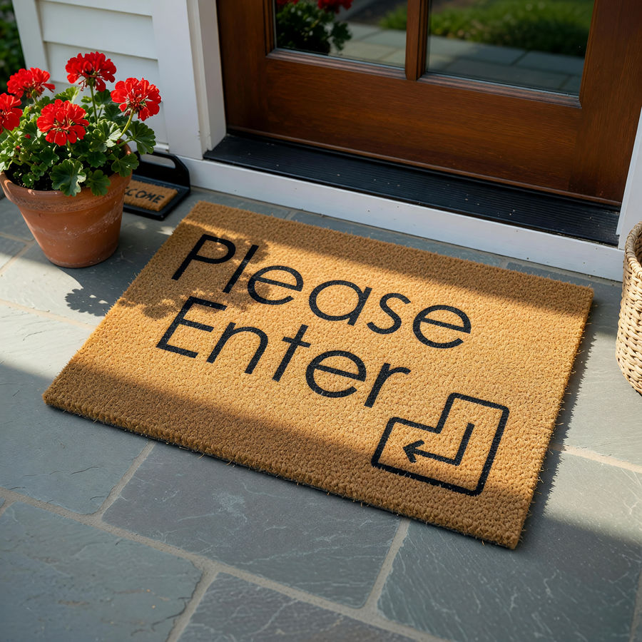 Please Enter doormat made of natural coir fiber with a clean, minimalist design featuring bold black text and a matching enter key icon, set against a plain white background for a modern and welcoming front porch entryway