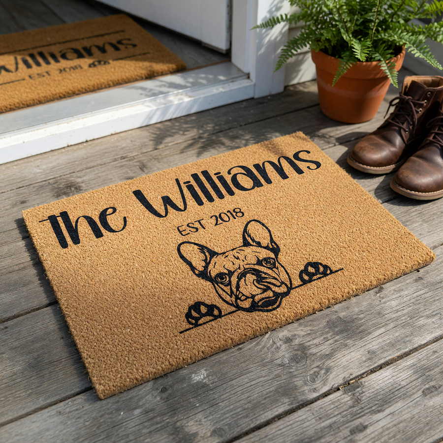 Personalized French Bulldog coir doormat featuring a cute dog illustration peeking over the edge, customized with a family name and established year in black ink on a natural brown textured fiber background for a welcoming home