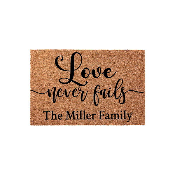 Love Never Fails Custom Last Name Doormat