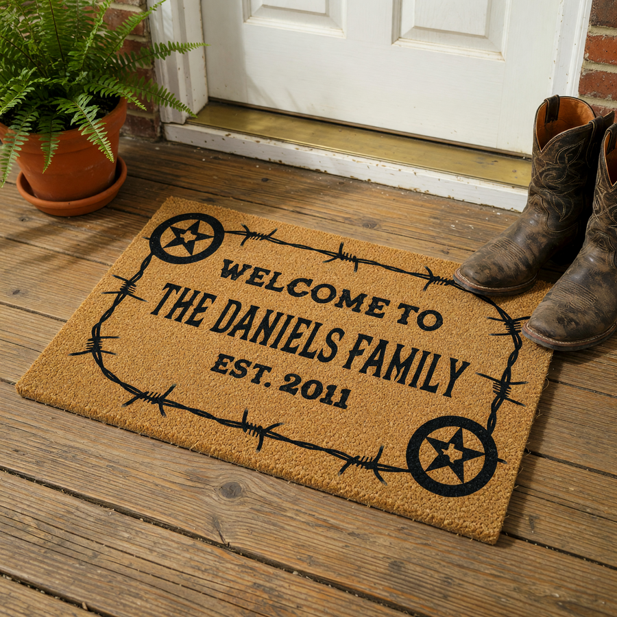 Personalized Texas star barbed wire doormat featuring a rustic brown coir texture with black printed text that reads Welcome To The Family and includes a custom established year, framed by a decorative barbed wire border and two