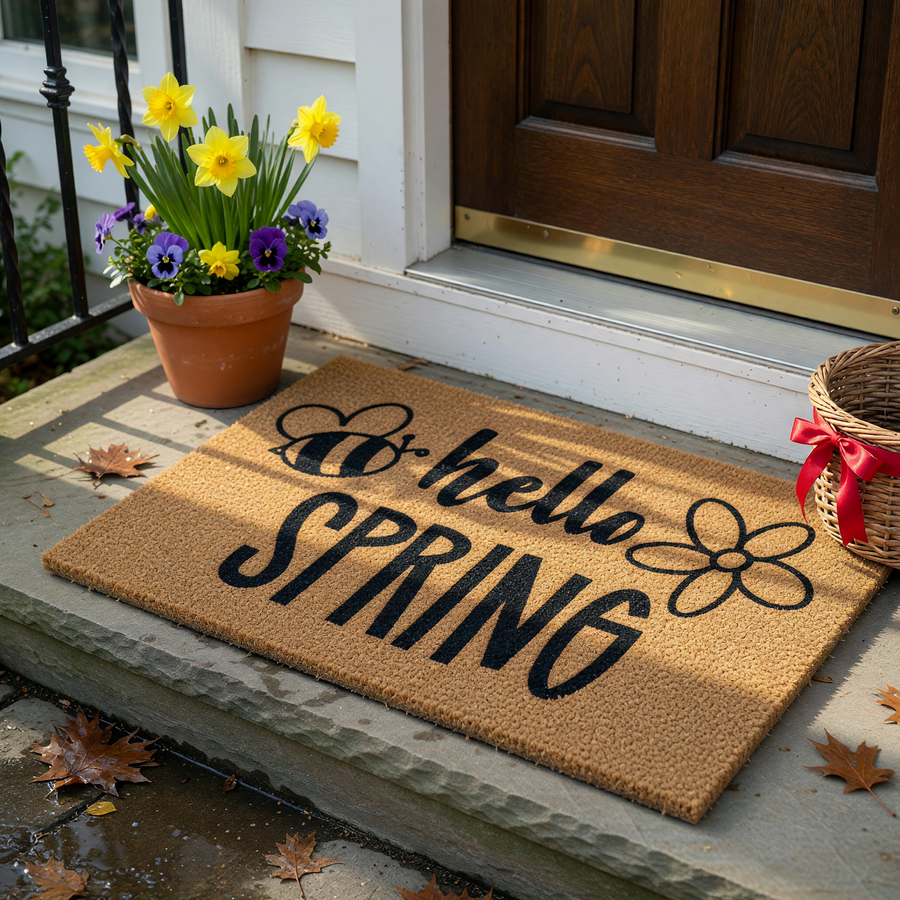 Hello Spring coir doormat featuring a cute black bumblebee and a simple flower illustration printed in bold black ink on a natural tan fiber background, creating a cheerful seasonal welcome for your front porch entryway decor.