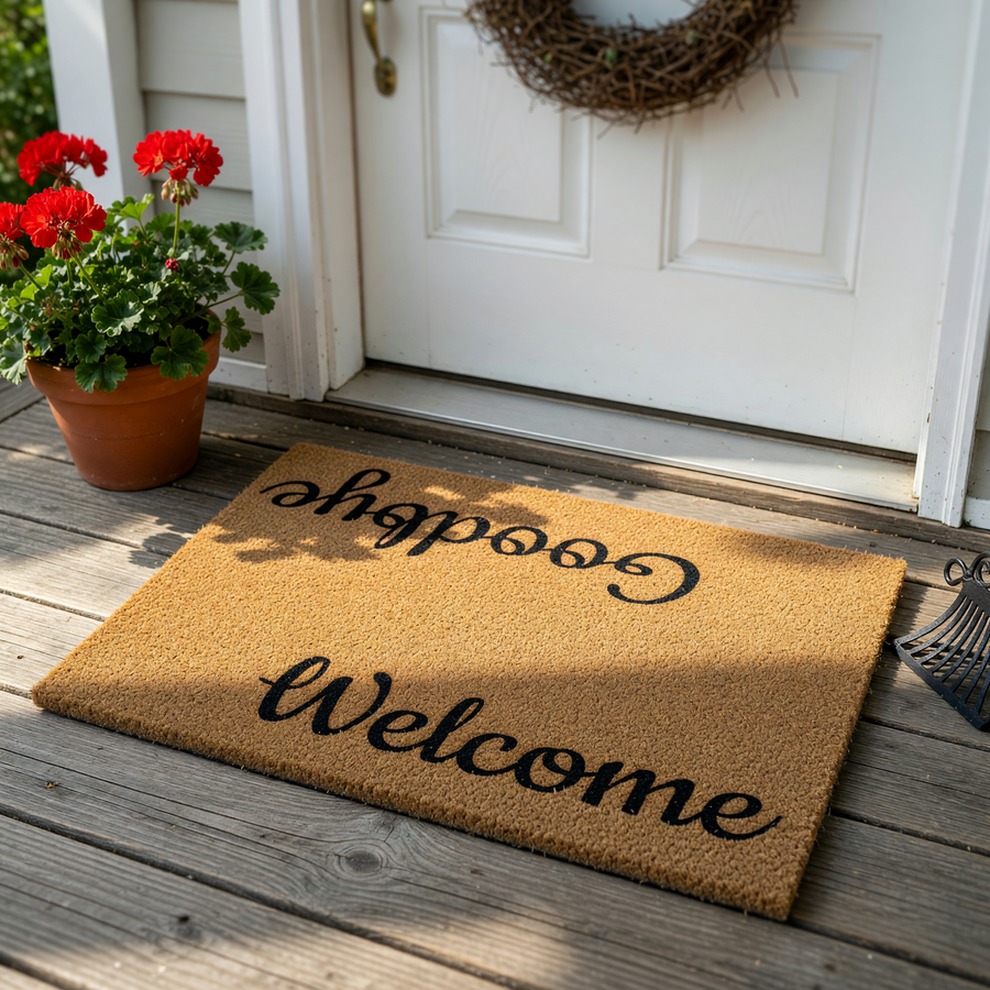 Reversible Welcome and Goodbye coir doormat featuring a natural tan fiber texture with bold black script lettering, designed to greet guests at the front door and offer a friendly farewell as they leave your home on a clean white