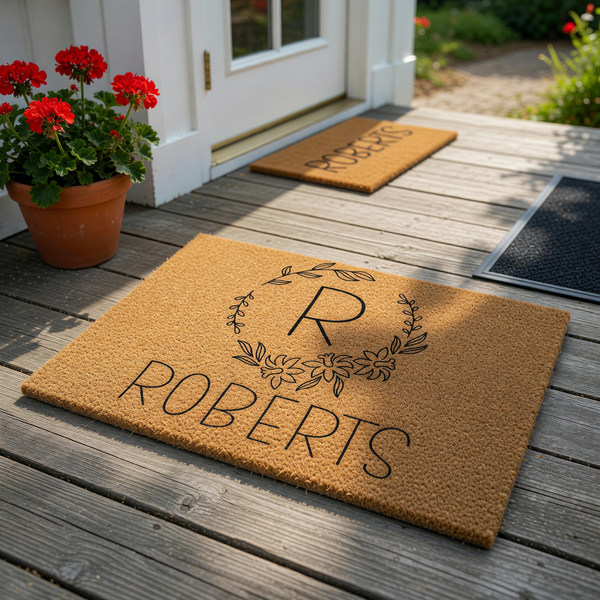 Personalized coir doormat featuring a custom last name and a large initial letter centered within a delicate black line art floral wreath, creating a welcoming entryway decor piece for a new home or a housewarming celebration.