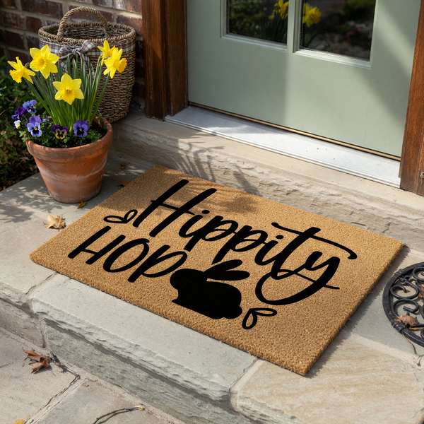 Hippity Hop Easter Bunny Doormat made of natural coir fiber, featuring bold black text and a cute rabbit silhouette centered on a plain white background for a festive spring entryway decoration that welcomes guests to your home.