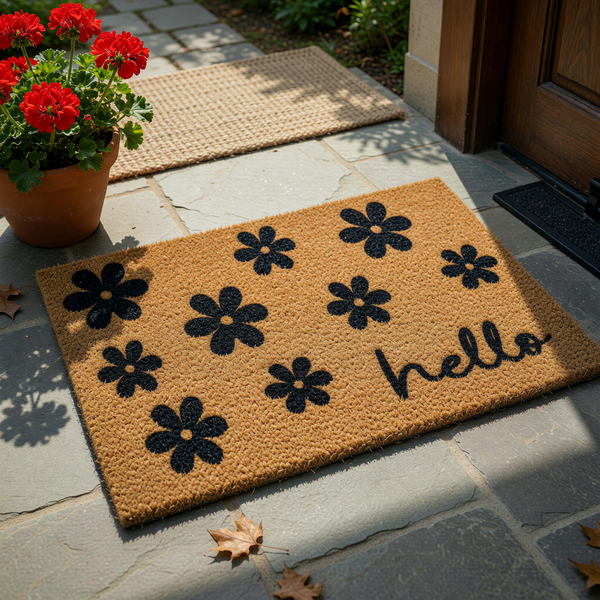 Floral Hello Coir Doormat featuring a natural brown coconut fiber texture decorated with black printed flower silhouettes and the word hello in a modern script font, creating a welcoming entryway accent for your front porch decor.