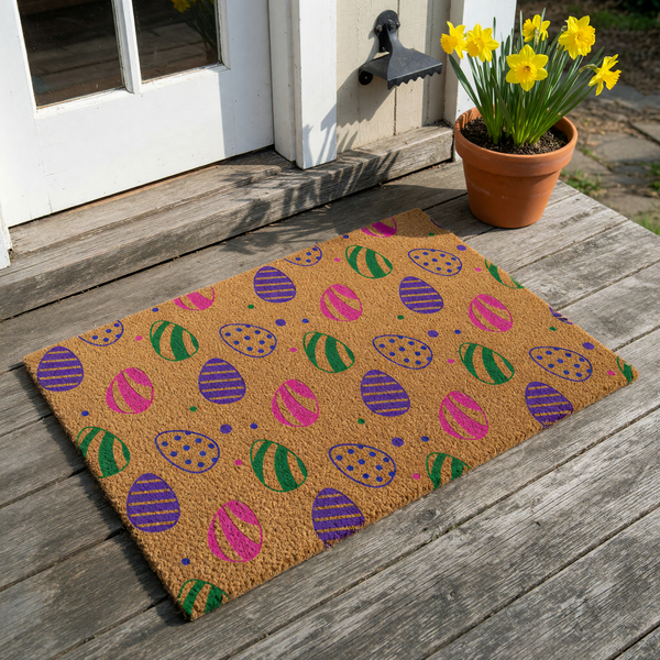 Easter Egg Pattern Coir Doormat featuring a natural brown fiber texture decorated with a repeating print of colorful purple, green, and blue polka-dot and striped eggs, creating a festive spring welcome for your front porch